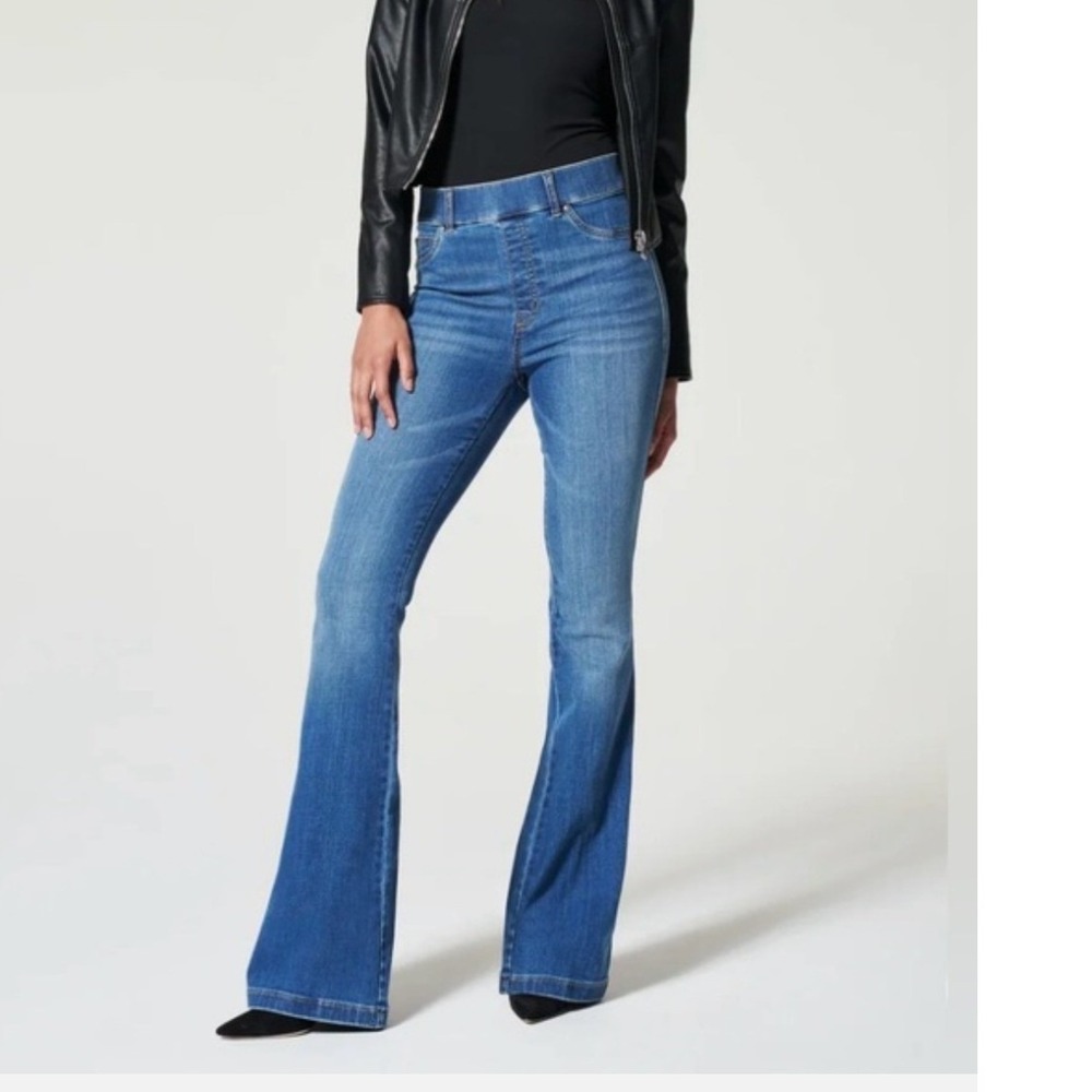 Spanx Flare Jeans Medium Wash High Rise Pull On Blue Denim XL